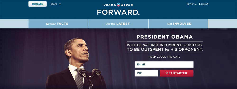 Hero area for Barack Obama's 2012 website