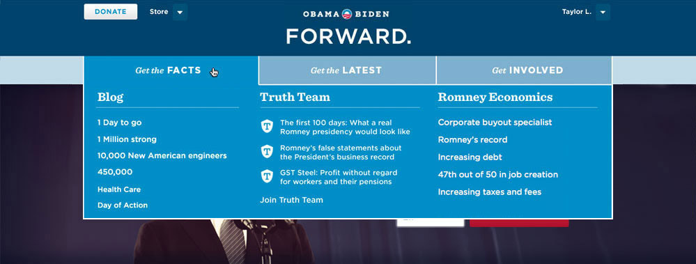 Main navigation for Barack Obama's 2012 website