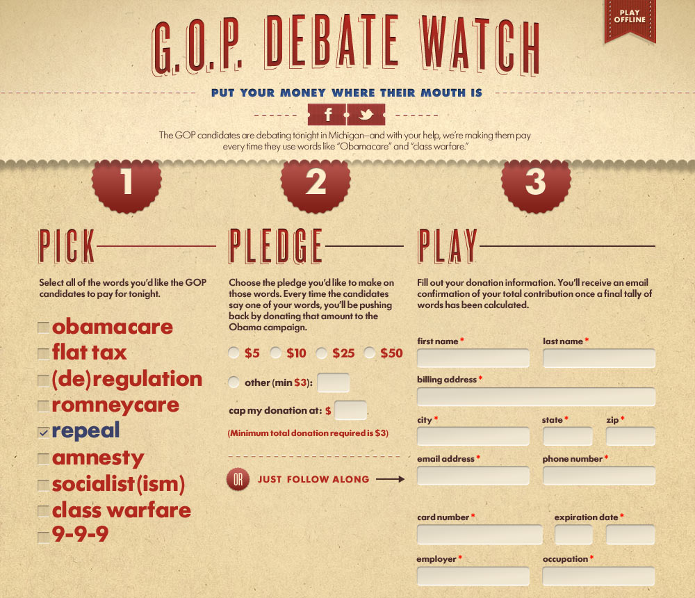 Fundraising website that collected money baed on how many keywords were mentioned during republican debates
