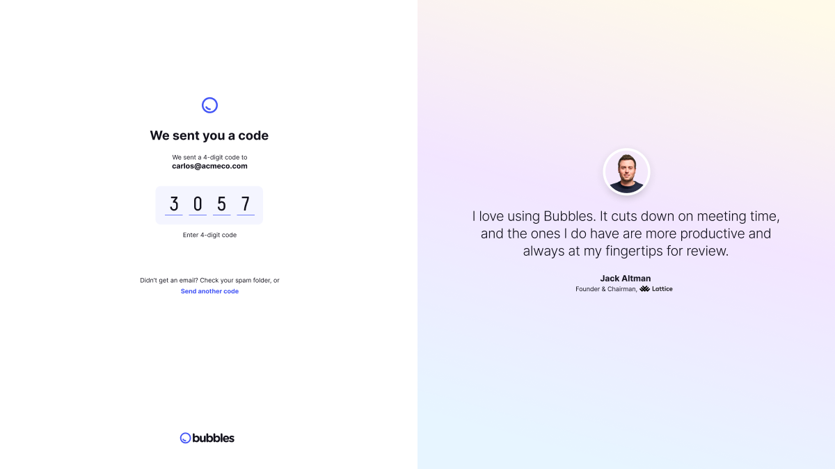Email verification screen paired with a customer testimonial about reducing meeting time.