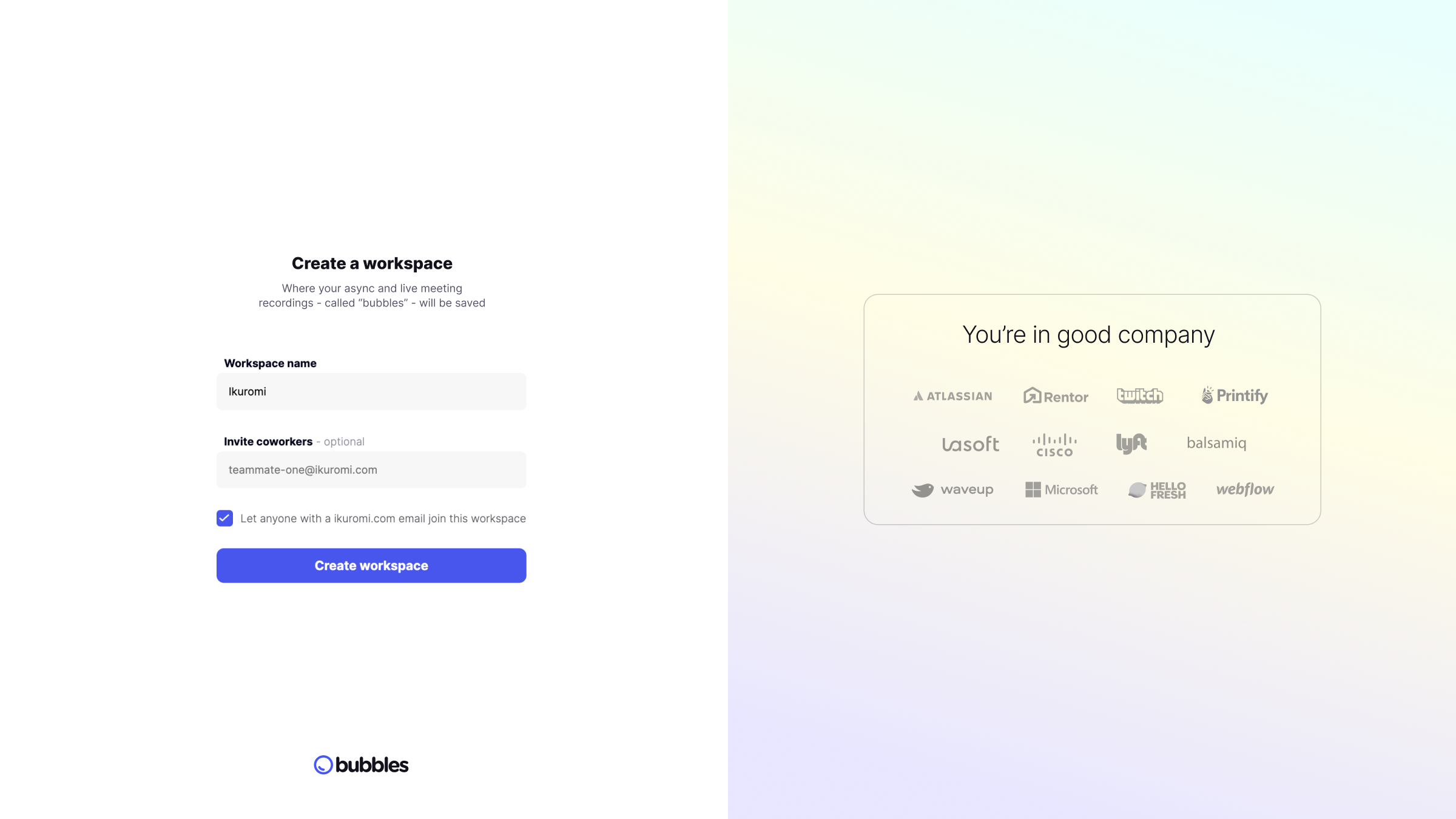 Workspace creation form with optional coworker invitations and logos from companies using Bubbles.
