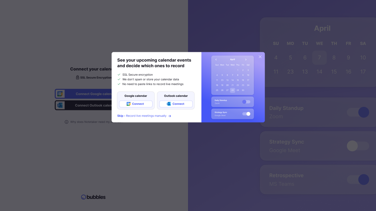 Calendar connection prompt explaining security and recording benefits, with Google and Outlook options and a preview of event controls.